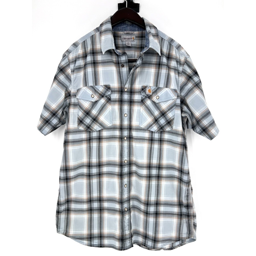 Carhartt Shirt Mens L Tall Gray Relaxed Fit Pockets Pearl Snap Short Sleeve Work